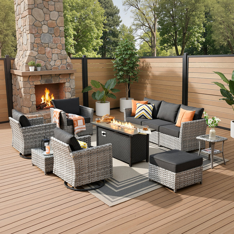 Laryan 10 Piece Sofa Seating Group with Fire Pit Table and Swivel Rocking Chairs, Black