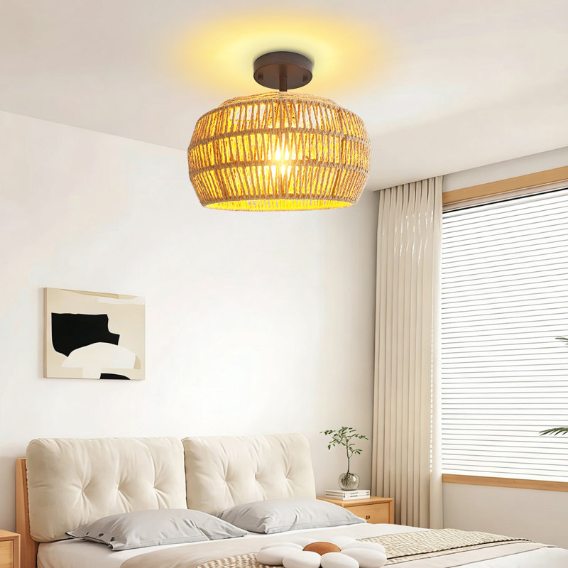 Rattan Woven Semi-flush Mount Chandelier, Bohemian Ceiling Light For Bedroom, Living Room, Hallway