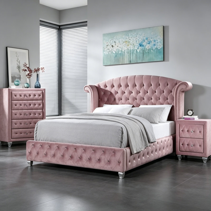 Grand lit tapissier rose en flanelle, Grand