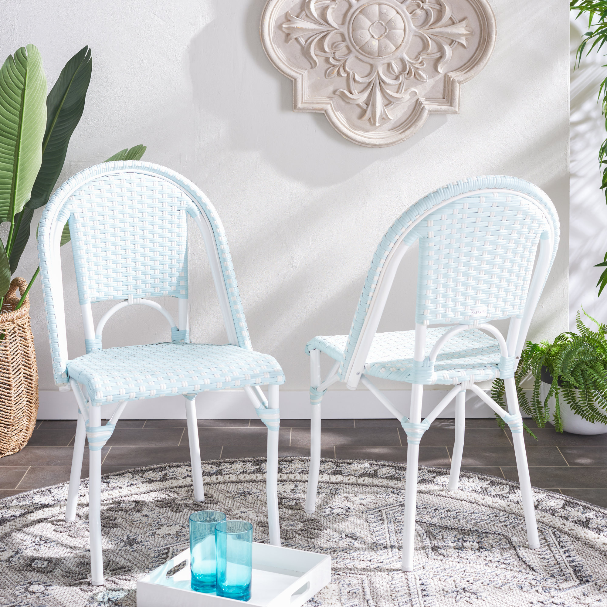 Popplewell Premium All-Weather Wicker Outdoor Dining Side Chair, White/Baby Blue-White