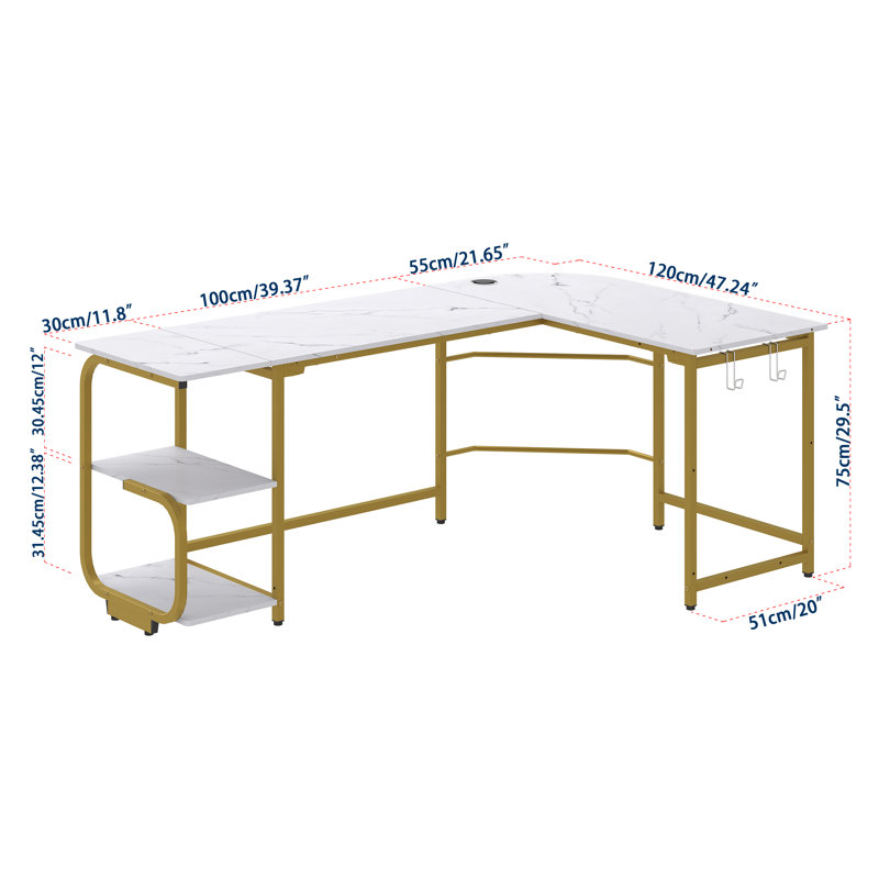 Violetrose L-Shaped Metal Base Computer Desk, White/Gold