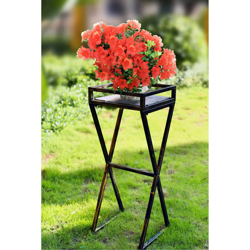 Support à plante en métal 35,5 po avec dalle de pierre grise - finition thermolaquée trempée, conception de chemin de fer 14,63 po x 3,5 po au look rustique