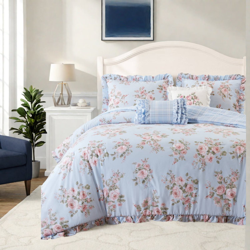 Ensemble de literie pour grand lit double, édredon en microfibre à motif floral bleu pour la maison