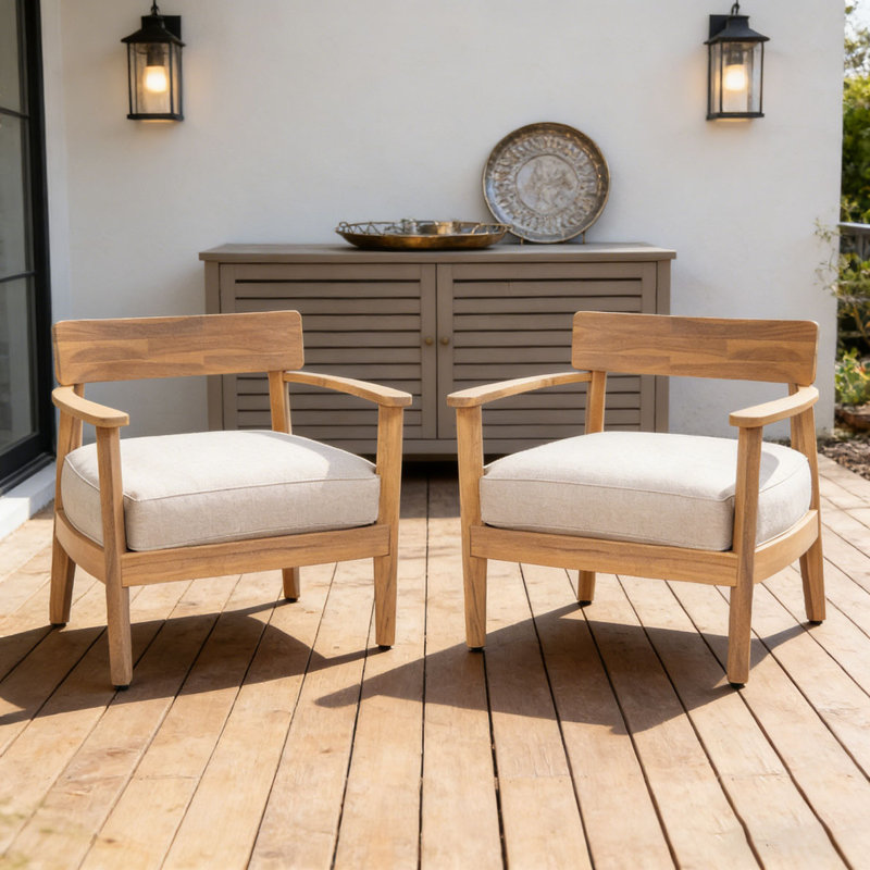 Wood Club Chair With Seat Cushion, Beige-2