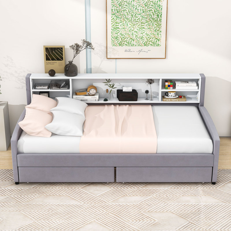  Lit de jour simple rembourré avec rangement et tiroirs Evalynn, gris