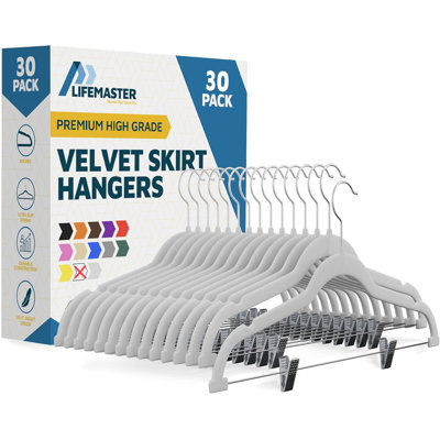  Velvet Skirt Hangers – With Adjustable Clips, 360 Degree Swivel Hook, and Non-Slip Shoulder Notch, Holds Up To 10 lbs, For Organizing Skirt, Pants, Dress, and Clothes, Pack of 30, White