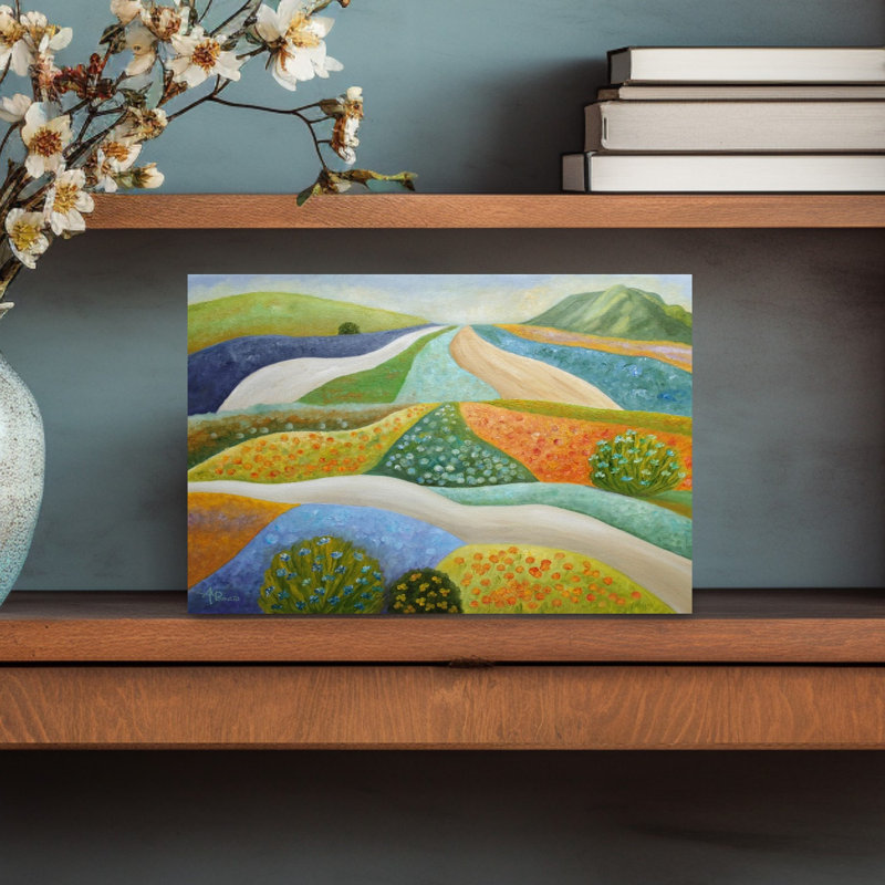 «Vibrant Flower Fields Abstract Colorful Rustic Landscape Mountain», art mural, H 12 po x l 18 po