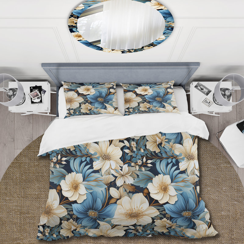 Literie de fleurs bleues et blanches, Housse de couette pour très grand lit et 2 très