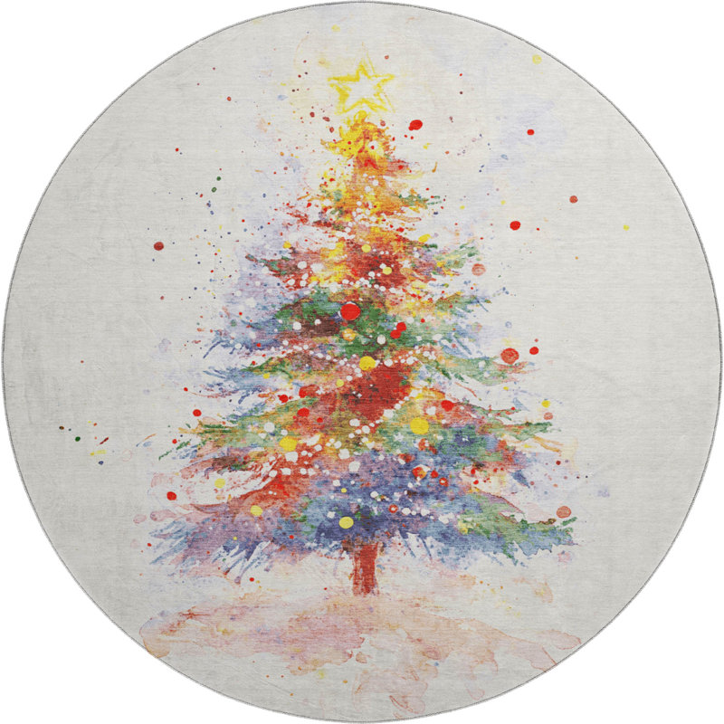 Premium Machine Washable Dockside AMF1809 Watercolor Christmas Tree Rug, Round 8'
