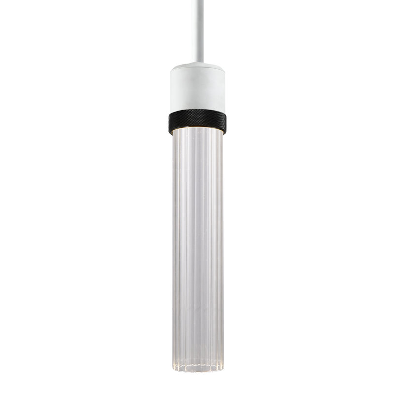 Luminaire suspendu cylindrique 1 lumière DEL Farella, H 65,13 po x l 2,75 po x P 2,75 po, Blanc mat / noir brossé satiné