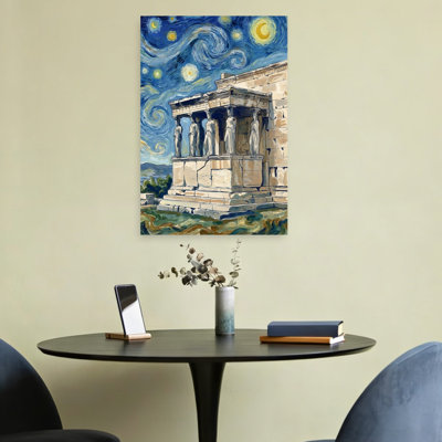 Caryatids Under Starry Sky Classic Colorful Dramatic Architecture Landscape Wall Art Print by HUGO - Wrapped Canvas Print
