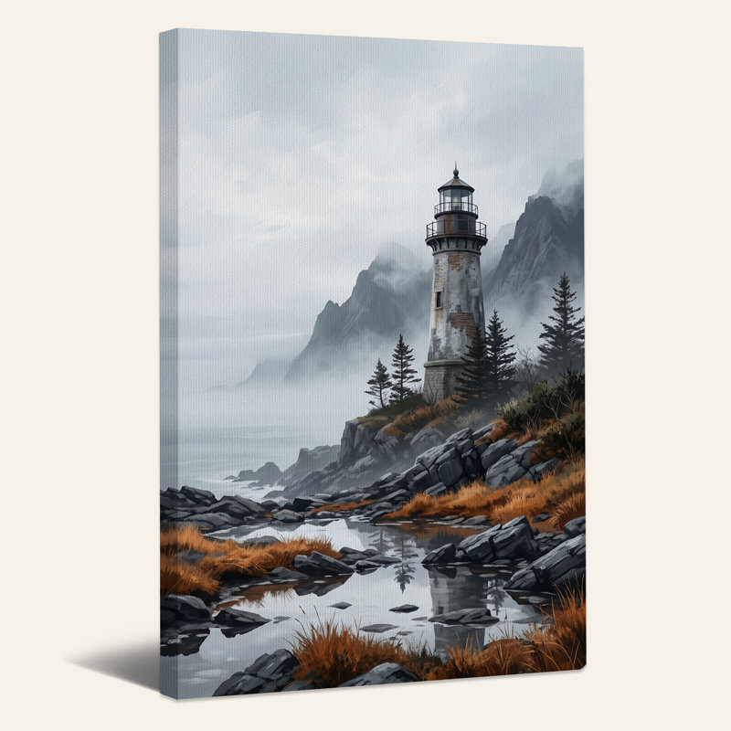 Art mural sur toile «Weathered Lighthouse on Misty Rocky Coast», H 18 po x l 12 po