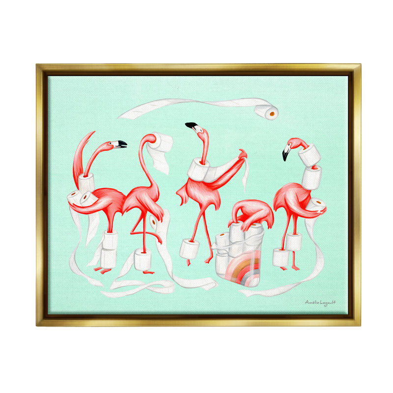 Illustration de salle de bain rouleau de papier hygiénique «Silly Flameos» par Amelie Legault - reproduction sur toile flottante