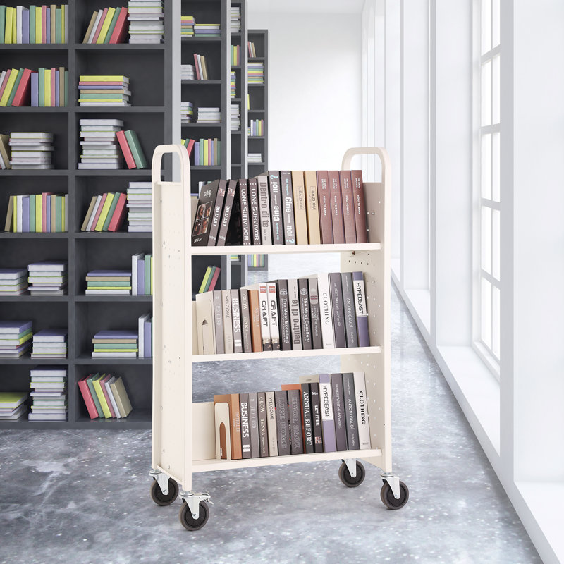White Double-Sided Rolling Book Cart with Lockable Wheels