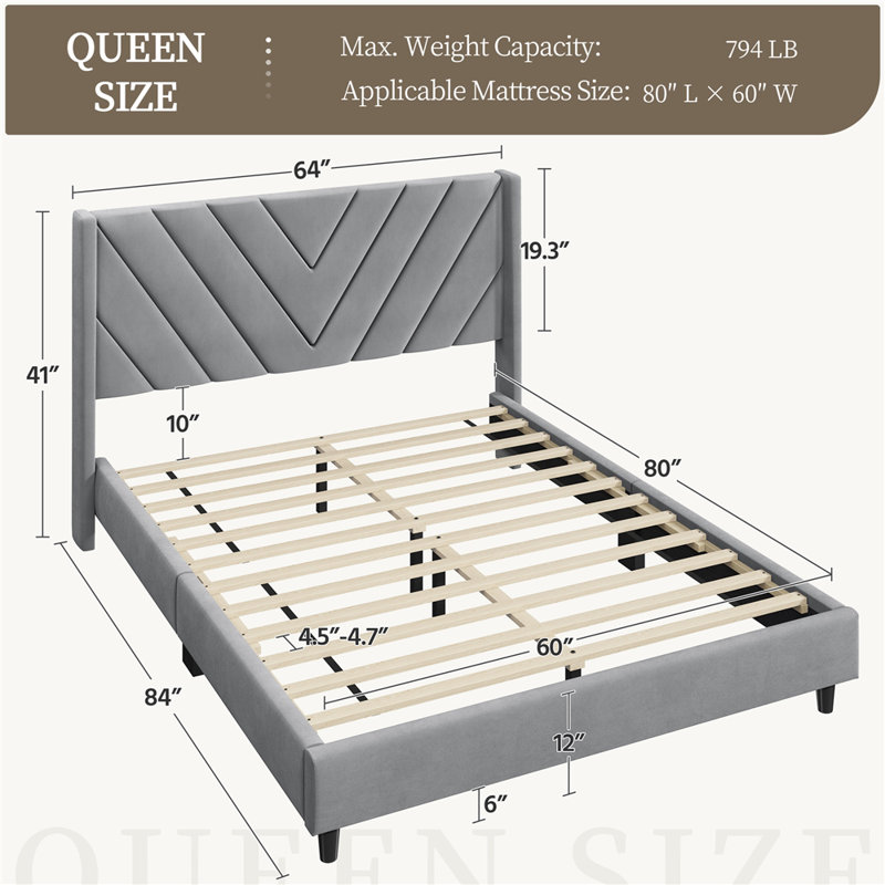Permelia Upholstered Bed Tufted Headboard with Wing Side, Queen, Light Gray
