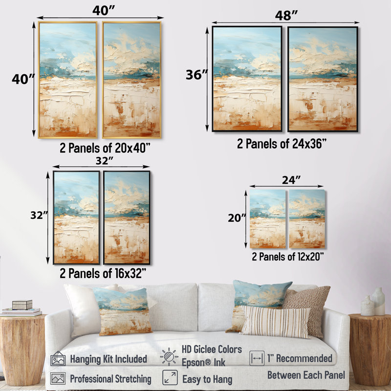 Coastal Beach Sand Whispers I - Ensemble de 2 décorations murales Coastal Beach, 36" H x 48" W, Impression encadrée flottante