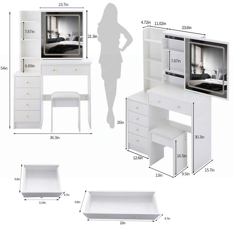 Versatile Bedside Cabinet with Advanced LED Mirror and Abundant Storage, White