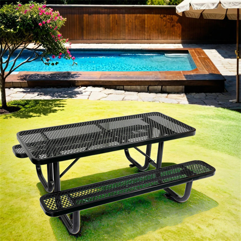 6 pi Table de pique-nique rectangulaire en acier pour l'extérieur, Noir
