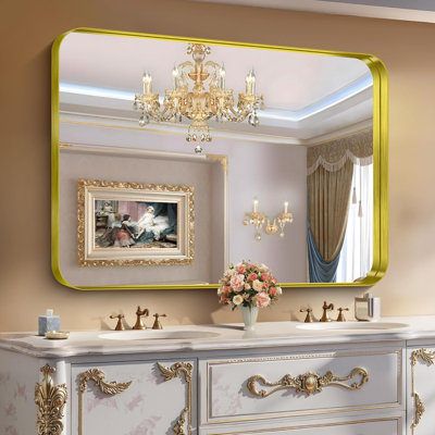 Gold Bathroom Mirror, 36"x50" Rectangular Mirror with Deep Metal Frame, Brushed Finish, Tempered Glass, Large Mirror for Wall, Over 2 Sinks, Installed Vertically/Horizontally, Crystal-Clear