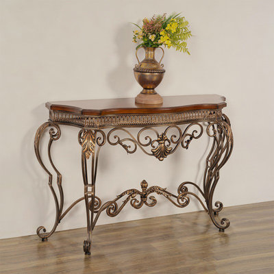 Vintage Antique Bronze Wrought Iron Solid Wood Top Console Table