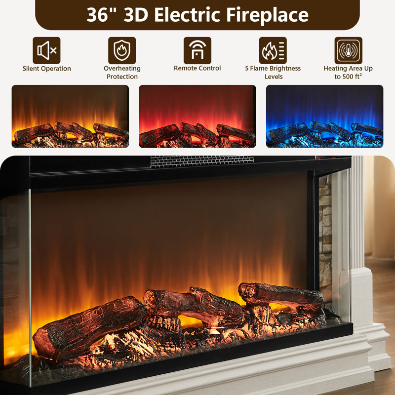 Fireplace TV Stand for TVs up to 65" with 36" 3-Sided Glass Electric Fireplace, 52" W  TV Console Table with Hidden Storage