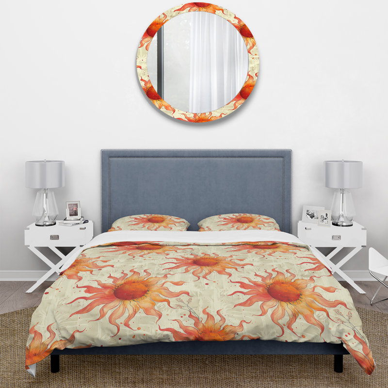Ensemble de housse de couette orange et beige Morning Glow Sun I - Boho, Housse de couette simple + 2 taies décoratives st