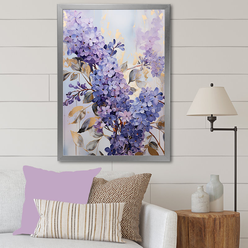 Décoration murale lilas pastel mauve et doré II - Lilas, H 32 po x l 16 po x P 1 po, Cadre simple argenté
