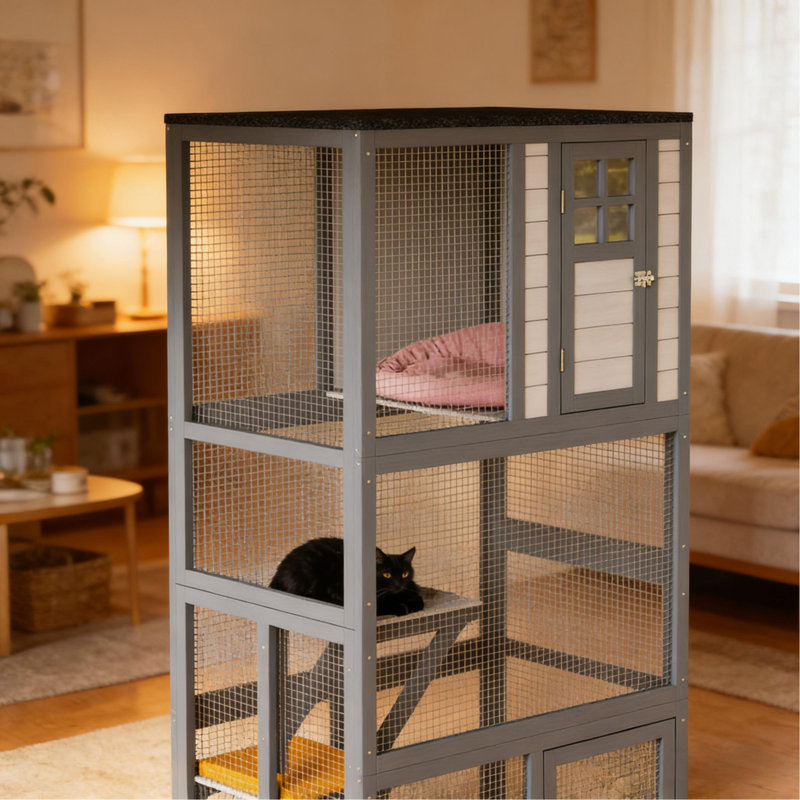 Maison pour chat en bois, Noir / gris foncé / gris clair