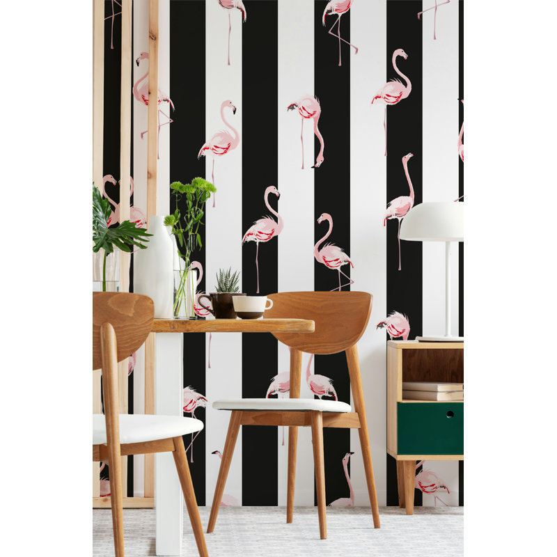 Papier peint rayé rose et noir Flamingo, L 75 po x l 112 po