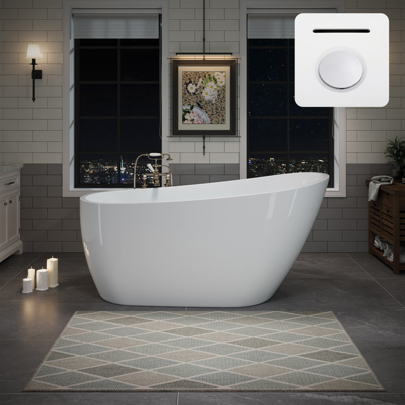 Baignoire de trempage autoportante en acrylique blanc brillant 60 po x 30 po avec bonde escamotable blanc mat