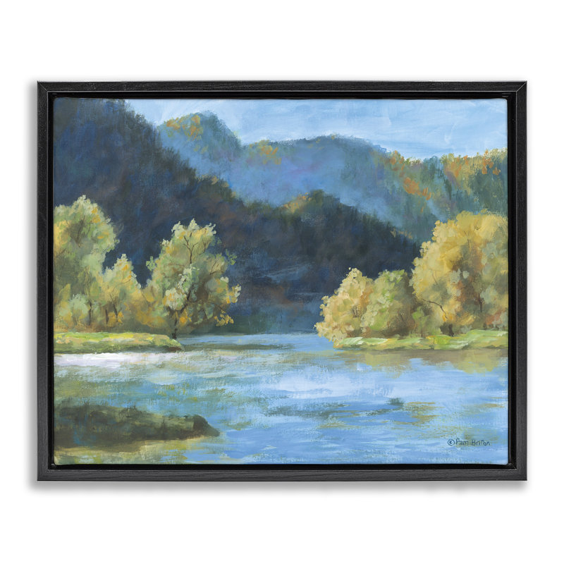 "Blue Hued Mountains", art mural encadré par Pam Britton, H 25 po x l 31 po, Cadre flottant noir de jais