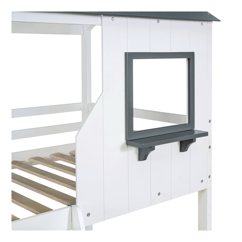 Lit superposé simple au-dessus d'un lit simple en bois avec toit, fenêtre, garde-corps et échelle, Blanc