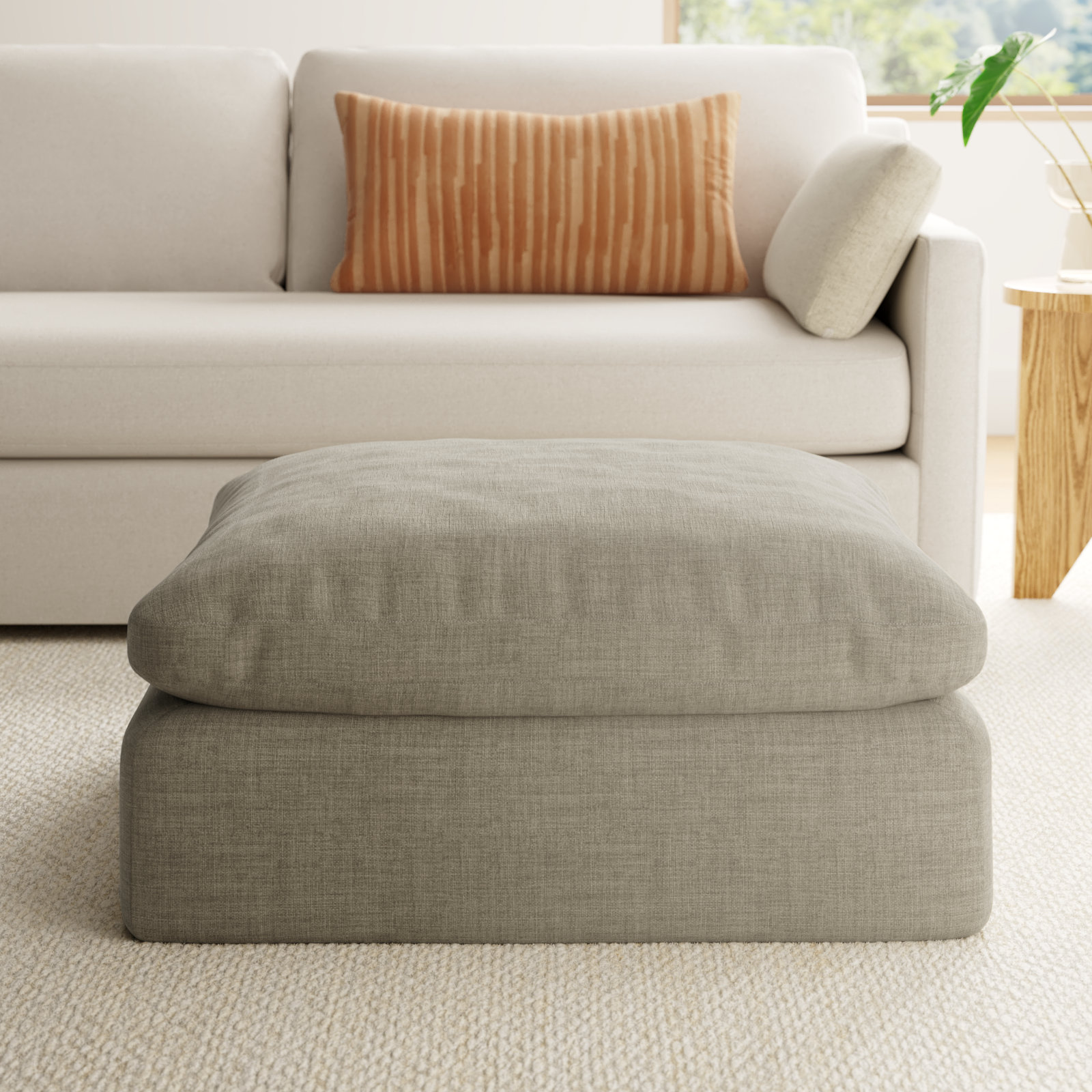 Asher 43" Linen Upholstered Ottoman, Effie Flax Performance Linen