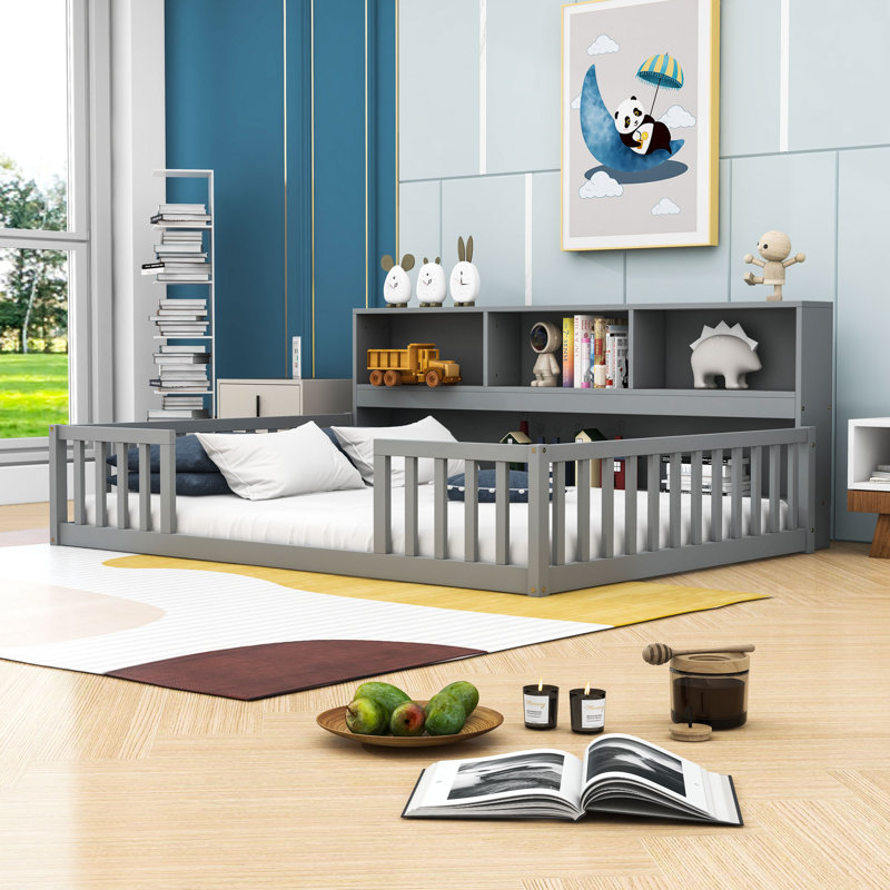 Lit en bois avec tablettes pleine longueur, gris, Complète