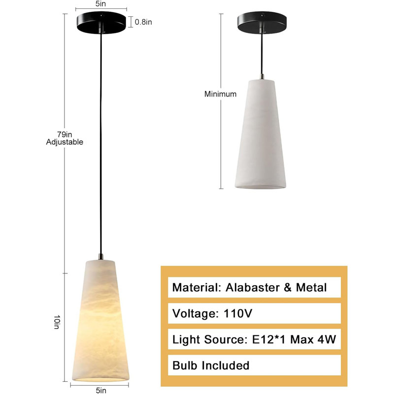 Belspring Adjustable Height Alabaster Pendant Lights, Marble Conical Shade(Bulb Included), Matte Black
