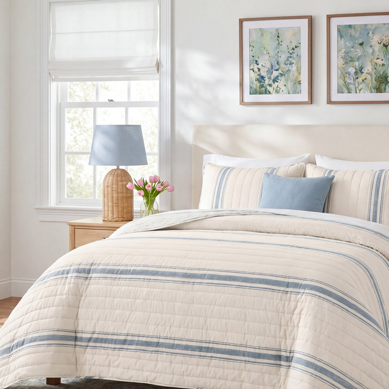 Fonti Cotton Striped Quilt, Blue
