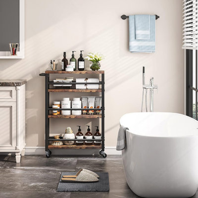 Chariot utilitaire à roulettes 20 po à 4 niveaux avec roulettes, chariot de rangement étroit pour la cuisine pour petits espaces, étagère à épices en bois et en métal, étagère mobile pour garde-manger, salle de bain - brun et noir