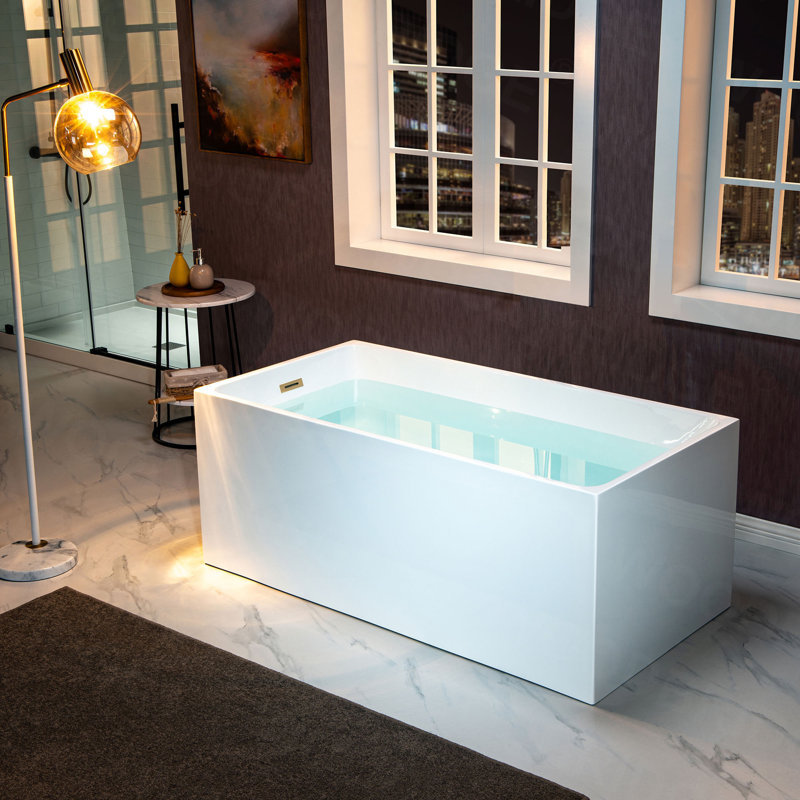 59" x 29" Freestanding Soaking Acrylic Rectangular Bathtub with Reversible Drain, White/Brushed Gold
