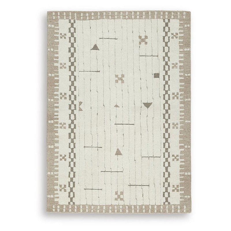Tapis moyen Dotty, motif de bordure géométrique taupe, laine crème 5 x 7