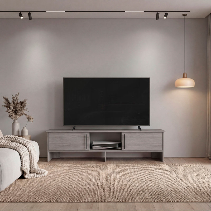 Meuble télé 65 po - Console télé moderne avec tablettes de rangement ouvertes, Gris