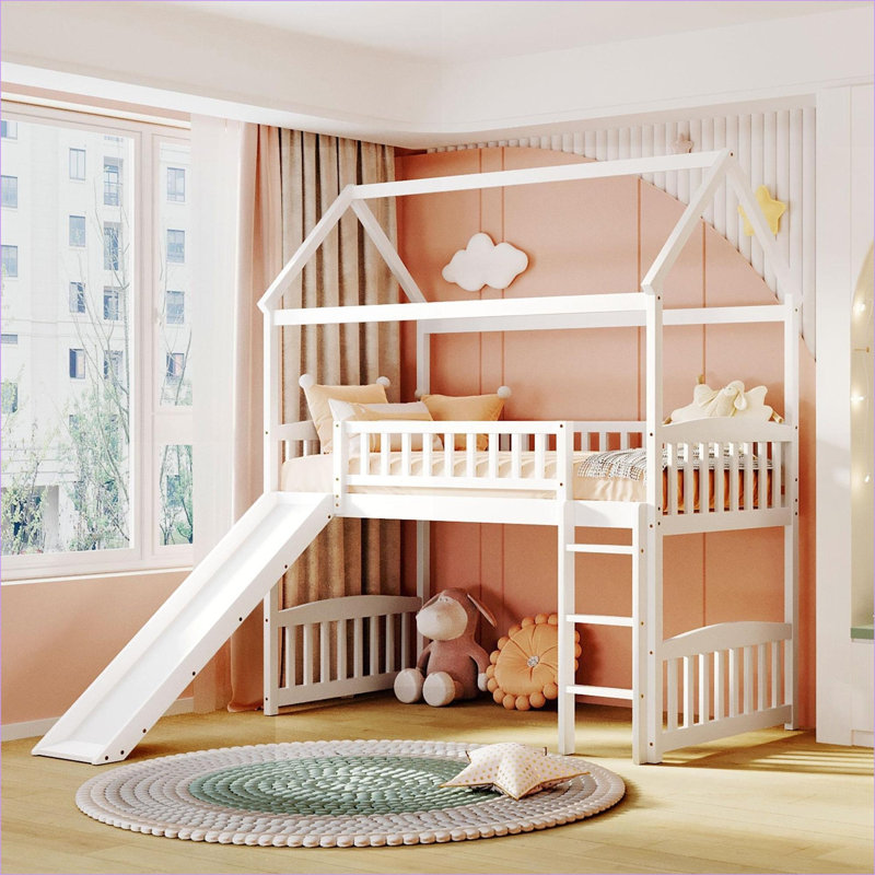 Lit mezzanine simple en bois de pin mélangé sans sommier tapissier d'une capacité de 300 lb avec glissade blanche pour la chambre à coucher