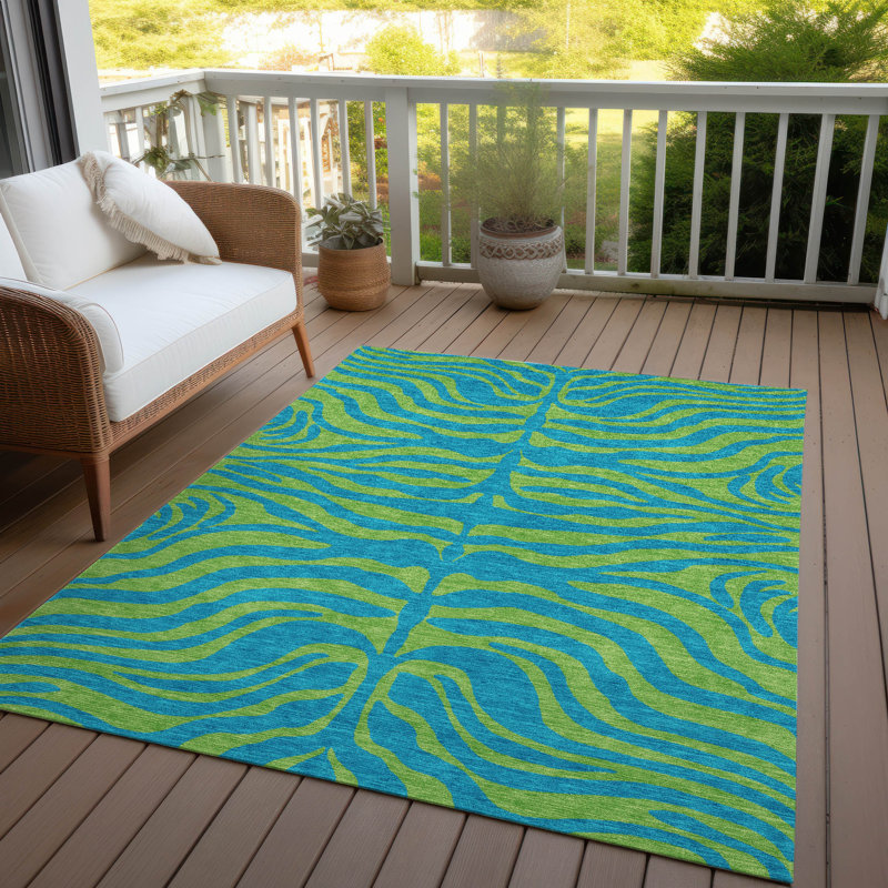 Teal and Green Zebra Pattern Washable Synthetic Area Rug