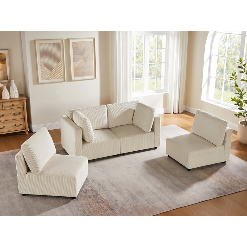 4-Piece Corduroy Upholstered Modular Sectional Sofa, Beige Corduroy