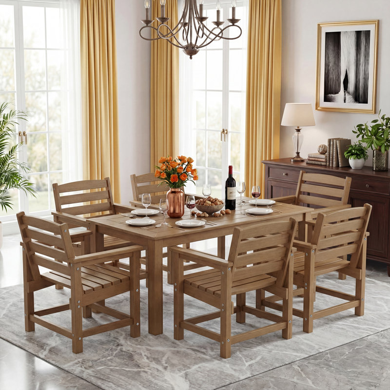 7-Piece HDPE Plastic Patio Outdoor Dining Set 6 Armchairs And 69" Table With 2" Umbrella Hole, Brown
