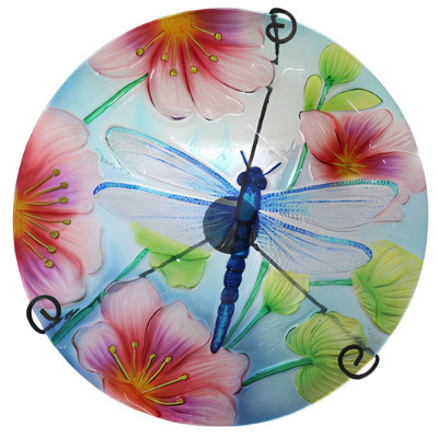 Dragonfly Center Glass Bird Bath Garden Stake