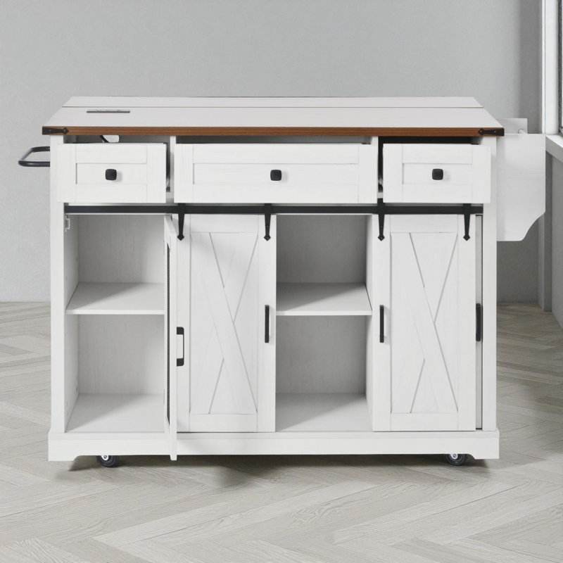 Îlot de cuisine de 58 po de large avec abattant, Blanc rétro