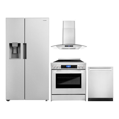4 Piece Kitchen Package with 30" Range 30" Wall Mount Hood 24" Dishwasher & Refrigerator