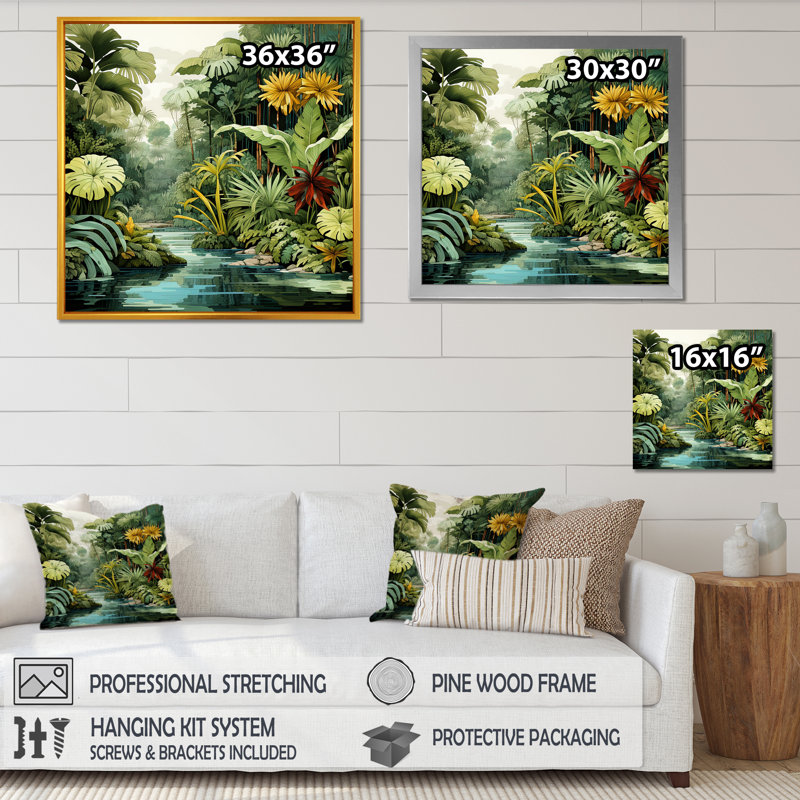 Rainforest Jungle Plants Landscape 2 - Jungle, art mural, Cadre simple noir, H 16 po x l 16 po x P 1 po