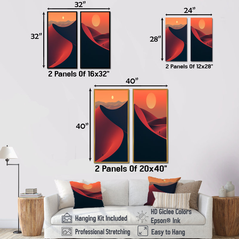 Sunrise Horizon, désert sur Mars, planète I - ensemble de 2 impressions sur toile désert, Cadre blanc, H 28 po x l 25 po