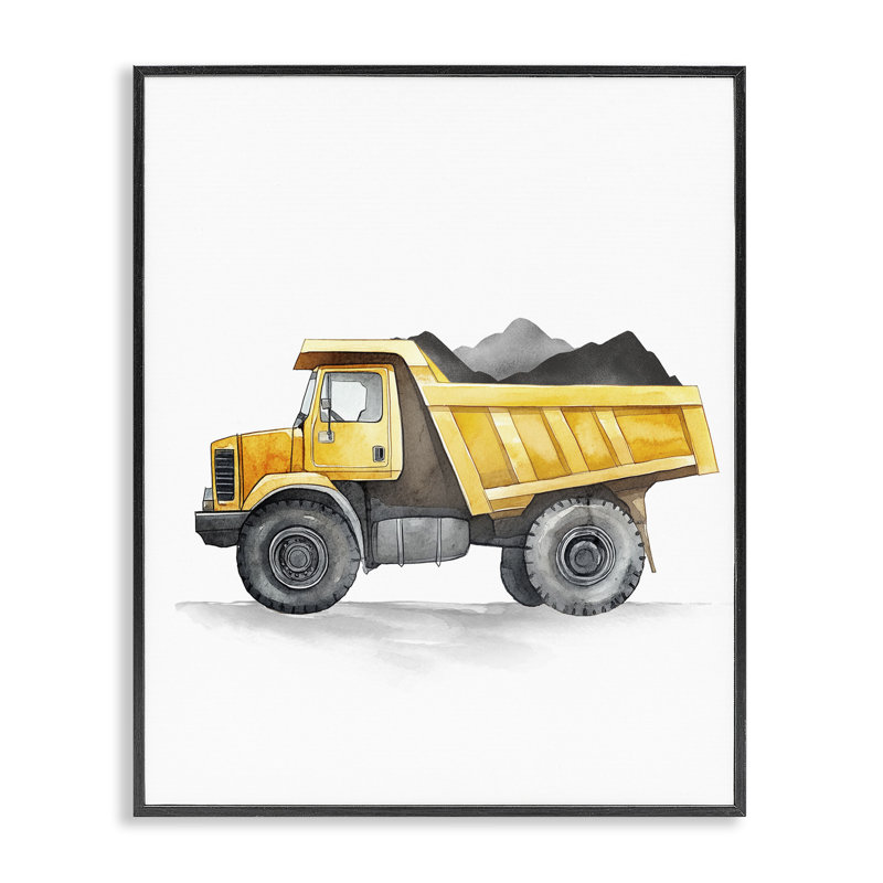Camion à benne basculante jaune, H 14 po x l 11 po, Giclée encadrée noir minuit